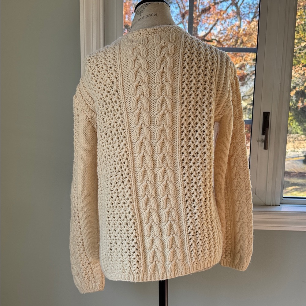 Vintage hand knit acrylic fisherman‎ Irish sweater leather buttons EVC size M/L - Picture 7 of 8
